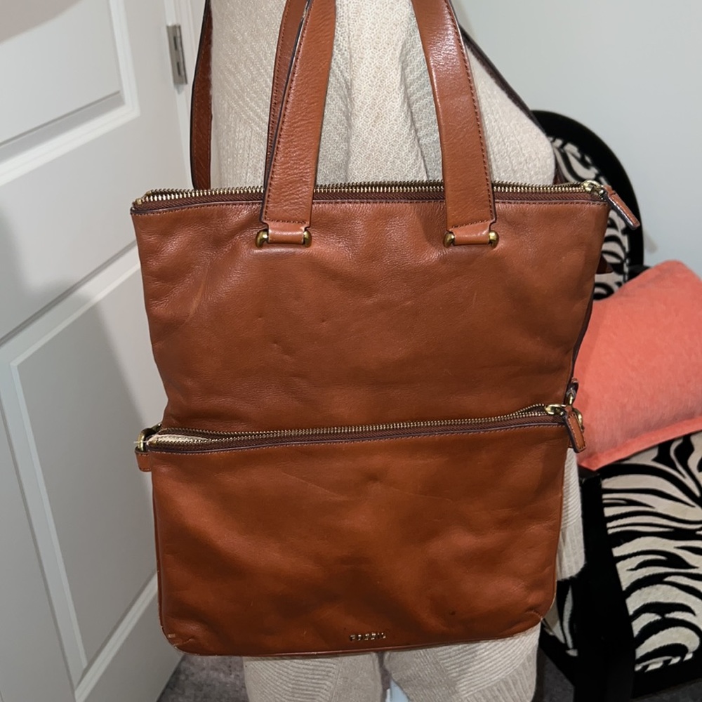 FOSSIL leather fold over zipper satchel carry handles crossbody strap brown